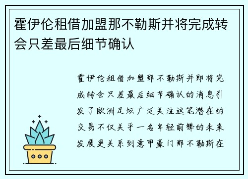 霍伊伦租借加盟那不勒斯并将完成转会只差最后细节确认
