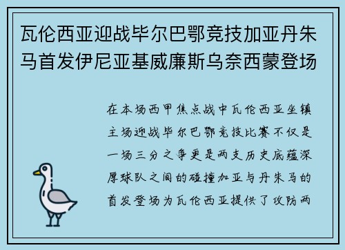 瓦伦西亚迎战毕尔巴鄂竞技加亚丹朱马首发伊尼亚基威廉斯乌奈西蒙登场